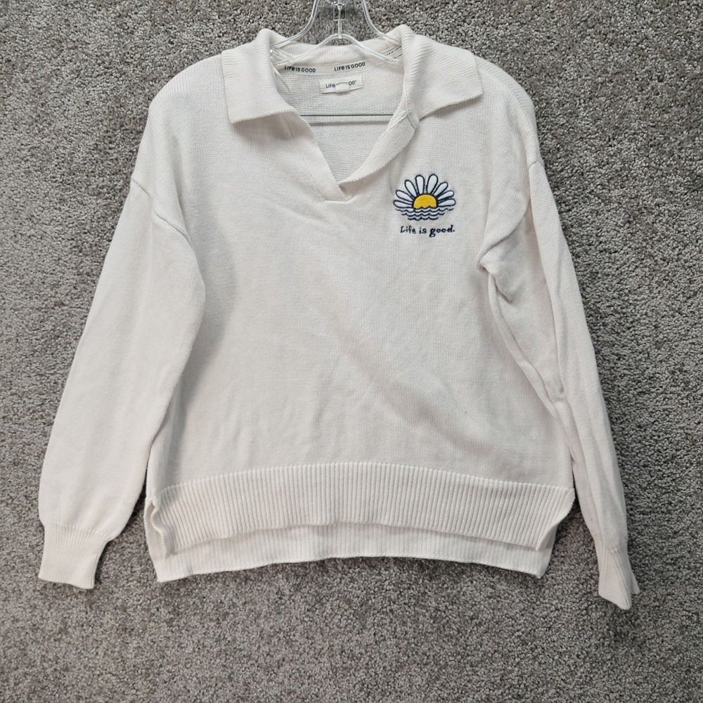 Life is Good Womens White Daisy Embroidered V-Neck Polo‎ Sweater